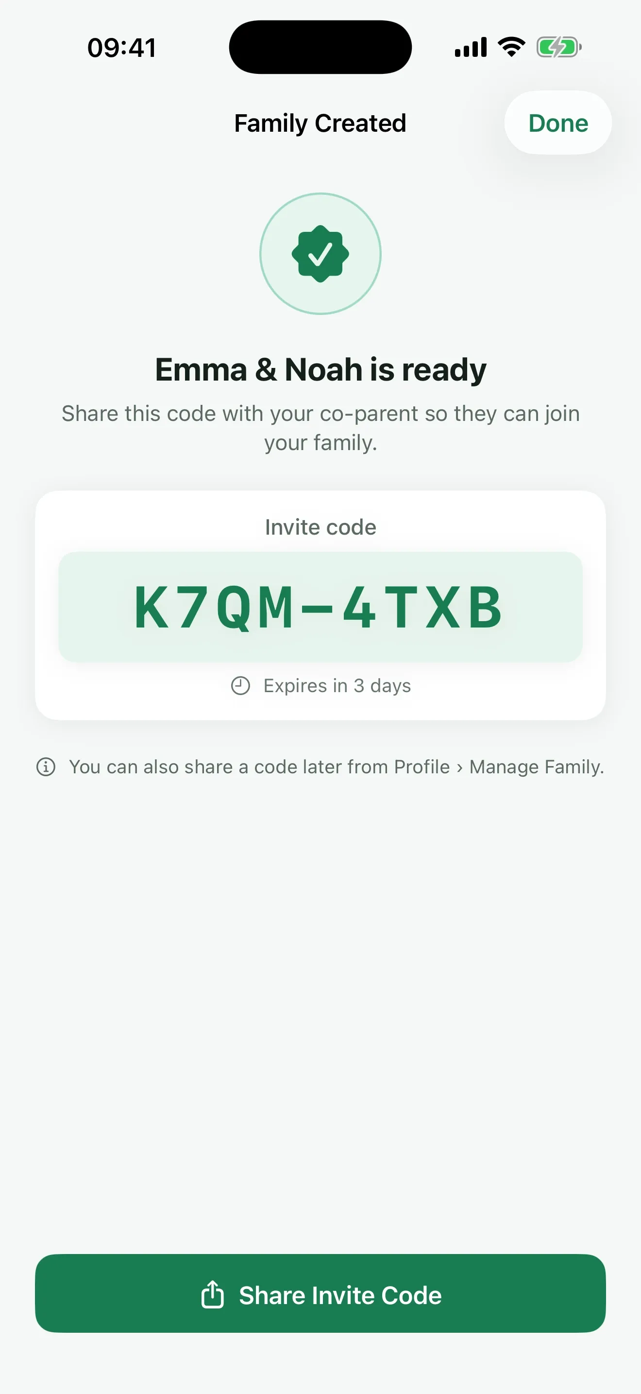Family created: "Emma & Noah is ready", with the invite code K7QM-4TXB that expires in 3 days and a Share Invite Code button.