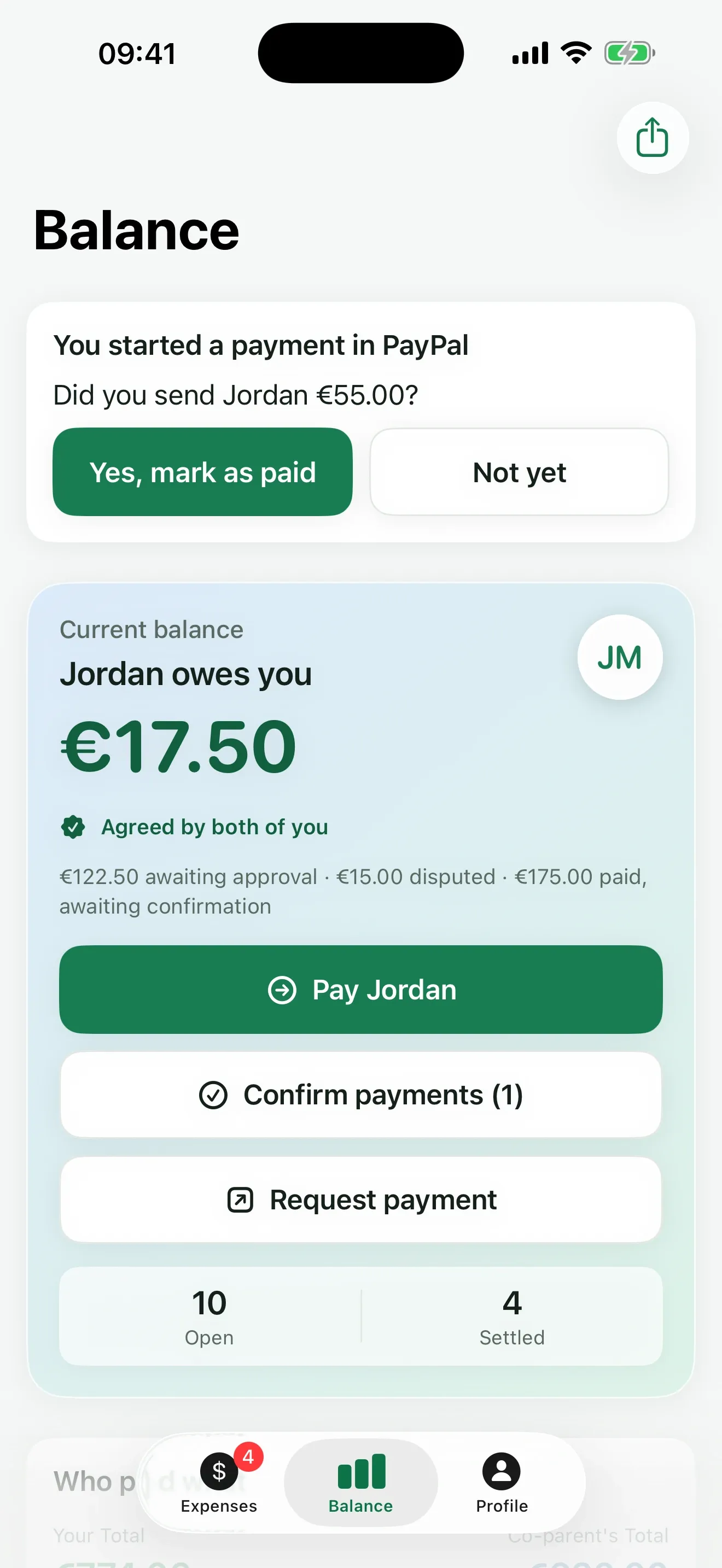 Back on the Balance screen after paying: "You started a payment in PayPal. Did you send Jordan €55.00?" with the buttons "Yes, mark as paid" and "Not yet".